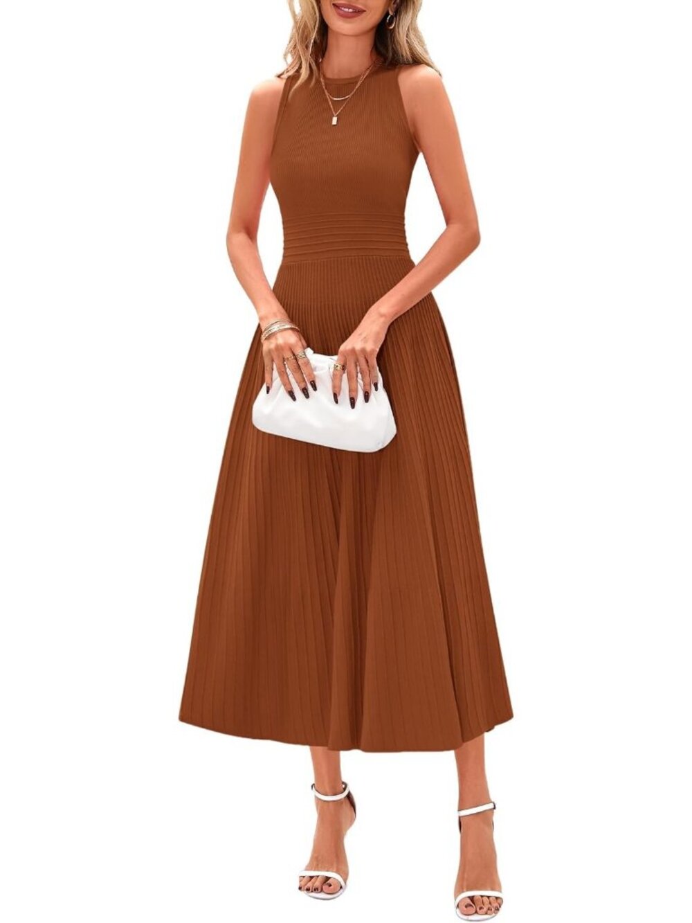 Women's Caramel Sleeveless Pleated Midi Dress Formal Long Dress For Wedding
